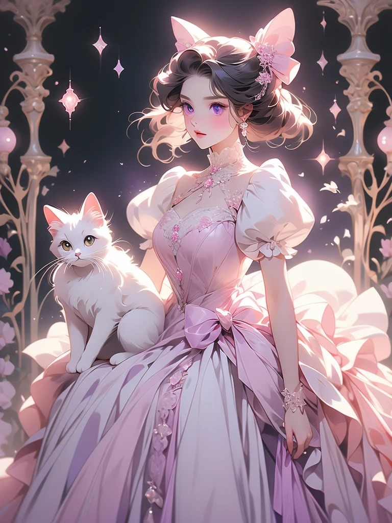 araffe dressed in a dress and a bow on a black background, white cat in a pink dress, in a fancy elaborate dress, elegant cat, purple eyes and white dress, ornately dressed, in victorian aristocrat, dressed in a beautiful white, in a fancy dress, wearing fancy clothes, dressed in a medieval lacy, by Kinuko Craft
