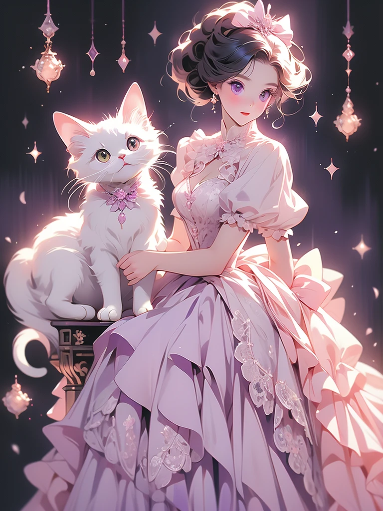 araffe dressed in a dress and a bow on a black background, white cat in a pink dress, in a fancy elaborate dress, elegant cat, purple eyes and white dress, ornately dressed, in victorian aristocrat, dressed in a beautiful white, in a fancy dress, wearing fancy clothes, dressed in a medieval lacy, by Kinuko Craft