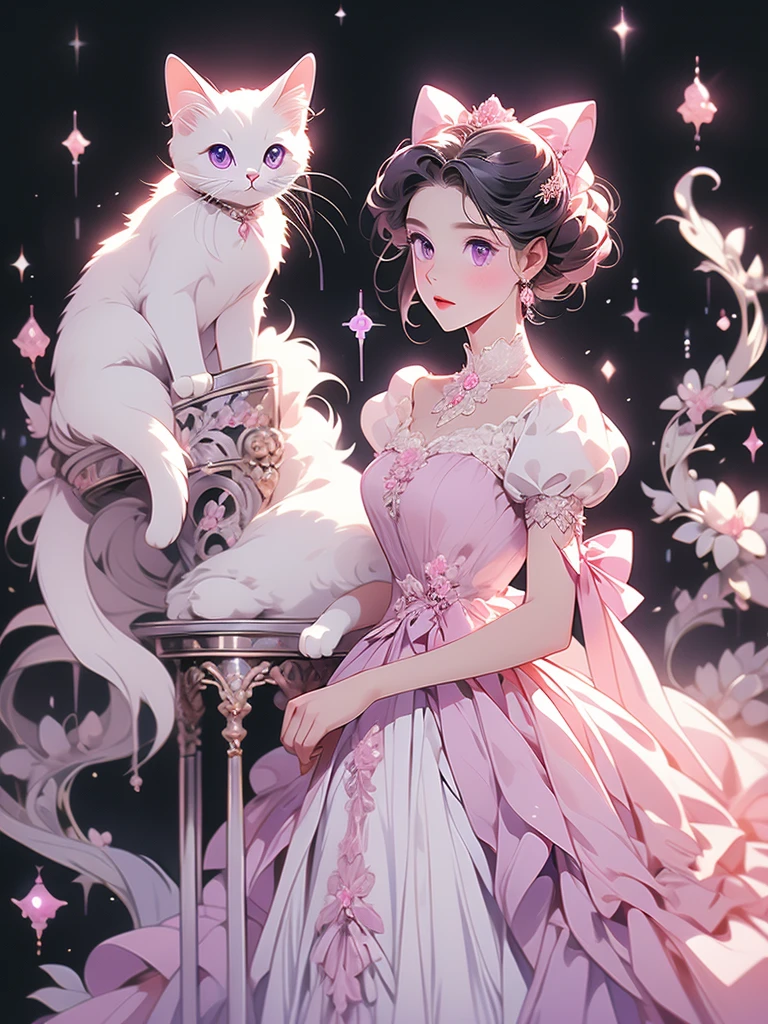 araffe dressed in a dress and a bow on a black background, white cat in a pink dress, in a fancy elaborate dress, elegant cat, purple eyes and white dress, ornately dressed, in victorian aristocrat, dressed in a beautiful white, in a fancy dress, wearing fancy clothes, dressed in a medieval lacy, by Kinuko Craft