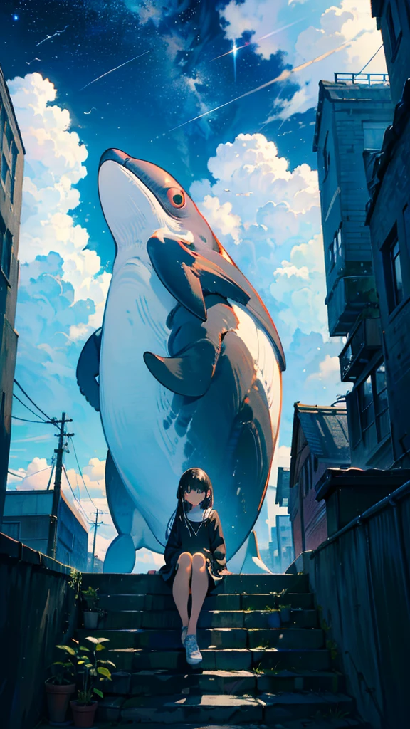 masterpiece, Exquisite detail,Highest quality, One girl, alone, handrail, cloud, Looking up at the buildings,Long Hair, zero, Long sleeve, Power lines, White footwear, Black Hair, View your viewers, Electric pole, bangs, cloudy zero, fish, bird, Green Eyes, Shorts, Day, Black Shirt, barefoot,Whale flying in the sky,Giant whale,night,Star,milky way,night,Pitch black,Buildings,Sitting,bright,noon,sun,Shine