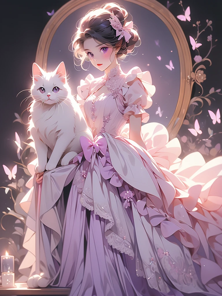 araffe dressed in a dress and a bow on a black background, white cat in a pink dress, in a fancy elaborate dress, elegant cat, purple eyes and white dress, ornately dressed, in victorian aristocrat, dressed in a beautiful white, in a fancy dress, wearing fancy clothes, dressed in a medieval lacy, by Kinuko Craft