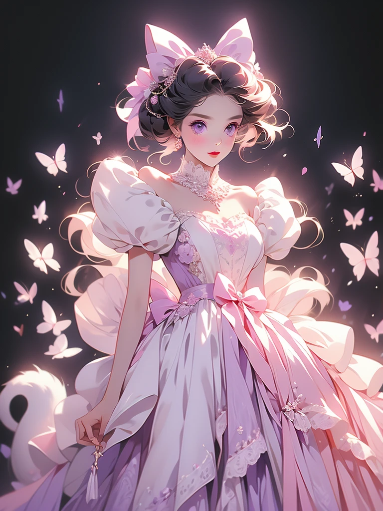 araffe dressed in a dress and a bow on a black background, a pastel by Kinuko Craft, flickr, rococo, white cat in a pink dress, in a fancy elaborate dress, elegant cat, purple eyes and white dress, ornately dressed, dressed in a beautiful white, in victorian aristocrat, in a fancy dress, wearing fancy clothes