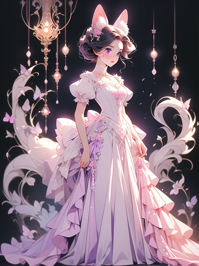 araffe dressed in a dress and a bow on a black background, white cat in a pink dress, in a fancy elaborate dress, elegant cat, purple eyes and white dress, ornately dressed, in victorian aristocrat, dressed in a beautiful white, in a fancy dress, wearing fancy clothes, dressed in a medieval lacy, by Kinuko Craft