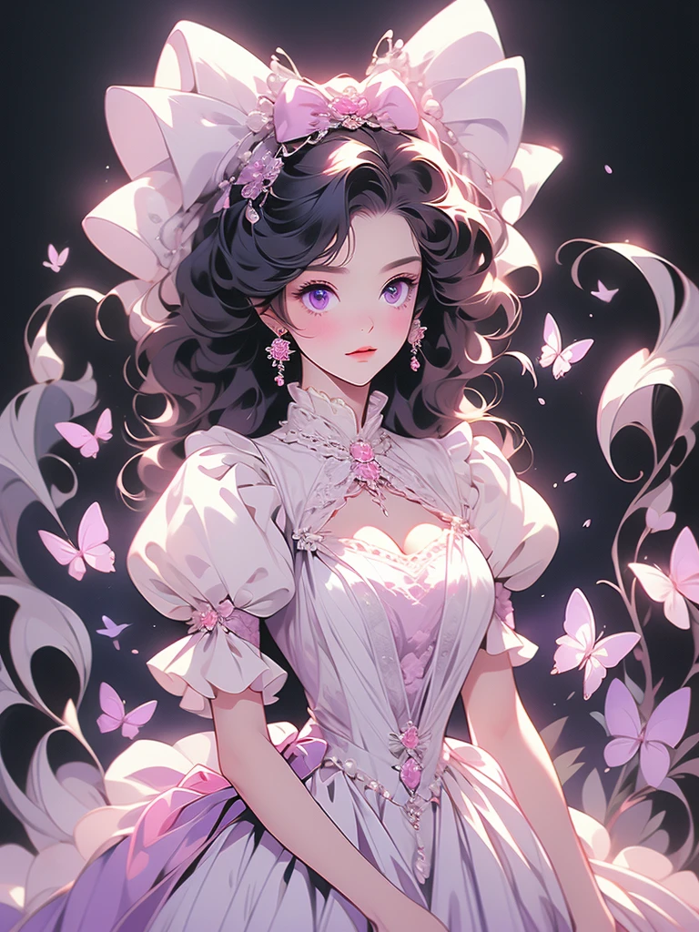 araffe dressed in a dress and a bow on a black background, a pastel by Kinuko Craft, flickr, rococo, white cat in a pink dress, in a fancy elaborate dress, elegant cat, purple eyes and white dress, ornately dressed, dressed in a beautiful white, in victorian aristocrat, in a fancy dress, wearing fancy clothes