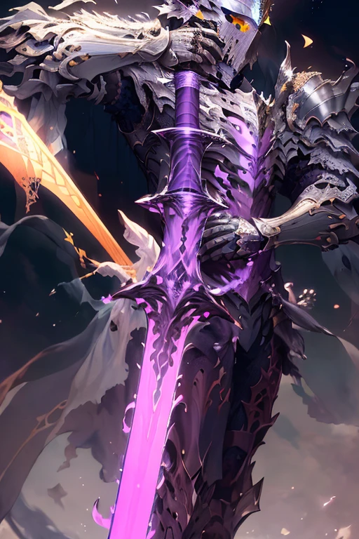 (masterpiece, top quality, best quality, official art, Beautiful and beautiful:1.2),(8K, best quality, masterpiece:1.2),CG神swordsw, arms, armor, alone, Keep, trumpet, luminescent, sword, 1 Boy, Keep arms, planted, Male focus, luminescent arms, Permanent, helmet, Gloves, Keep sword, luminescent sword, planted sword, shoulder armor, slope, slope background, Oil residue, Scapula, (Purple Light:1.3),