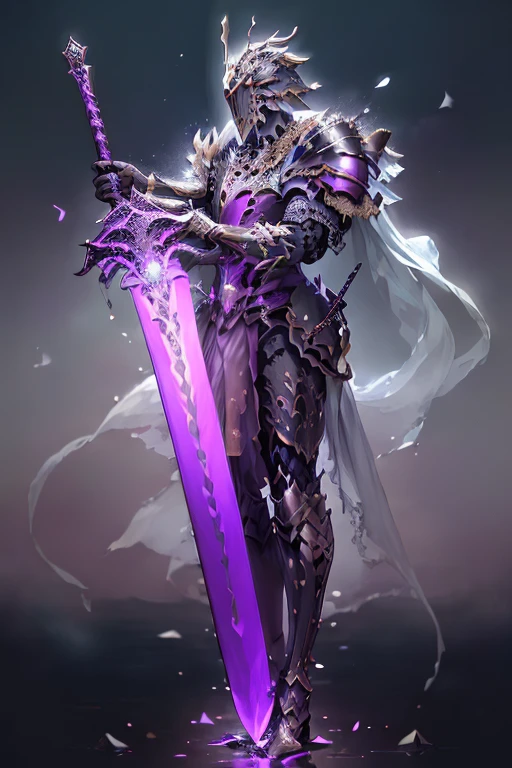 (masterpiece, top quality, best quality, official art, Beautiful and beautiful:1.2),(8K, best quality, masterpiece:1.2),CG神swordsw, arms, armor, alone, Keep, trumpet, luminescent, sword, 1 Boy, Keep arms, planted, Male focus, luminescent arms, Permanent, helmet, Gloves, Keep sword, luminescent sword, planted sword, shoulder armor, slope, slope background, Oil residue, Scapula, (Purple Light:1.3),