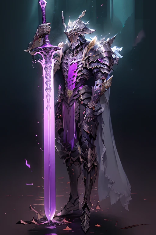 (masterpiece, top quality, best quality, official art, Beautiful and beautiful:1.2),(8K, best quality, masterpiece:1.2),CG神swordsw, arms, armor, alone, Keep, trumpet, luminescent, sword, 1 Boy, Keep arms, planted, Male focus, luminescent arms, Permanent, helmet, Gloves, Keep sword, luminescent sword, planted sword, shoulder armor, slope, slope background, Oil residue, Scapula, (Purple Light:1.3),