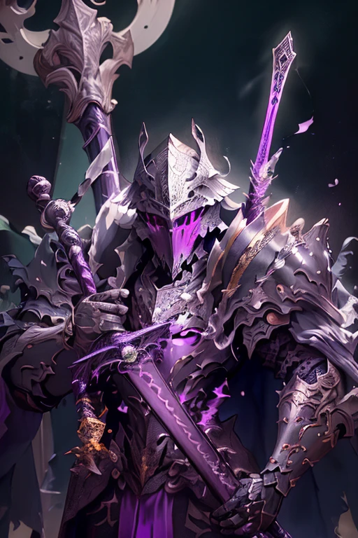 (masterpiece, top quality, best quality, official art, Beautiful and beautiful:1.2),(8K, best quality, masterpiece:1.2),CG神swordsw, arms, armor, alone, Keep, trumpet, luminescent, sword, 1 Boy, Keep arms, planted, Male focus, luminescent arms, Permanent, helmet, Gloves, Keep sword, luminescent sword, planted sword, shoulder armor, slope, slope background, Oil residue, Scapula, (Purple Light:1.3),