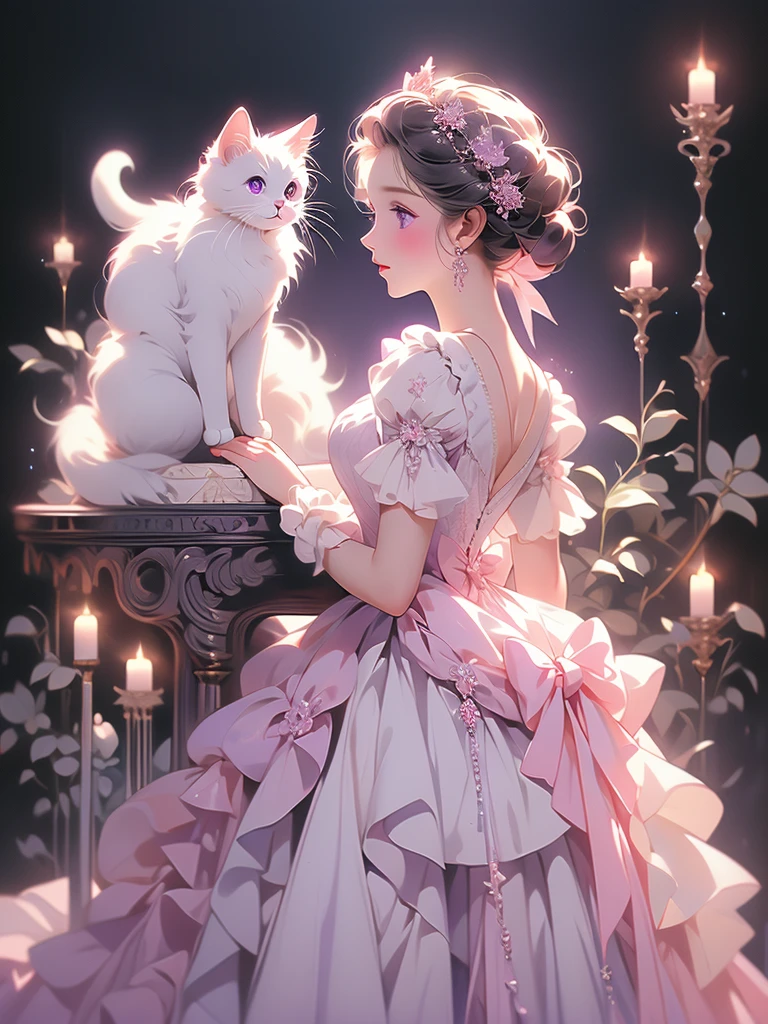 araffe dressed in a dress and a bow on a black background, a pastel by Kinuko Craft, flickr, rococo, white cat in a pink dress, in a fancy elaborate dress, elegant cat, purple eyes and white dress, ornately dressed, dressed in a beautiful white, in victorian aristocrat, in a fancy dress, wearing fancy clothes