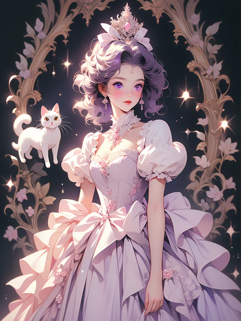 araffe dressed in a dress and a bow on a black background, a pastel by Kinuko Craft, flickr, rococo, white cat in a pink dress, in a fancy elaborate dress, elegant cat, purple eyes and white dress, ornately dressed, dressed in a beautiful white, in victorian aristocrat, in a fancy dress, wearing fancy clothes