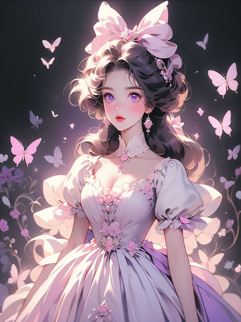 araffe dressed in a dress and a bow on a black background, a pastel by Kinuko Craft, flickr, rococo, white cat in a pink dress, in a fancy elaborate dress, elegant cat, purple eyes and white dress, ornately dressed, dressed in a beautiful white, in victorian aristocrat, in a fancy dress, wearing fancy clothes