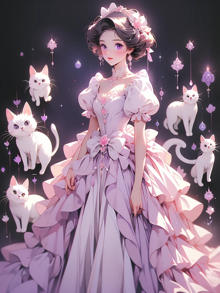 araffe dressed in a dress and a bow on a black background, a pastel by Kinuko Craft, flickr, rococo, white cat in a pink dress, in a fancy elaborate dress, elegant cat, purple eyes and white dress, ornately dressed, dressed in a beautiful white, in victorian aristocrat, in a fancy dress, wearing fancy clothes