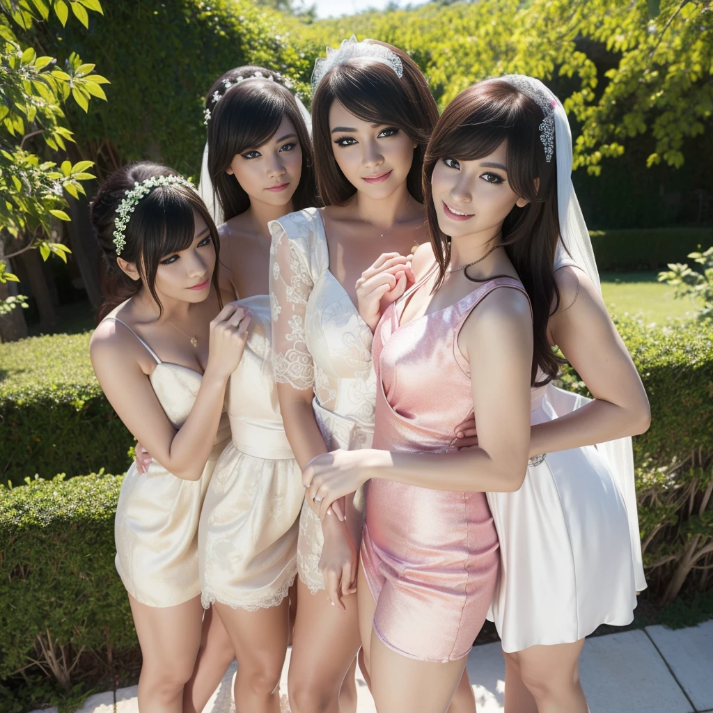 4 women Line up in a seductive mini dress and tight bikini g-strings, Take a photo together, beautiful detailed eyes,beautiful detailed lips,extremely detailed eyes and face,longeyelashes,smiling,high heels,bangs,outdoor garden,bride and groom,wedding venue,best quality,4k,8k,highres,masterpiece:1.2,ultra-detailed,realistic,photorealistic,photo-realistic:1.37,HDR,UHD,studio lighting,ultra-fine painting,sharp focus,physically-based rendering,extreme detail description,professional,vivid colors,bokeh,portraits