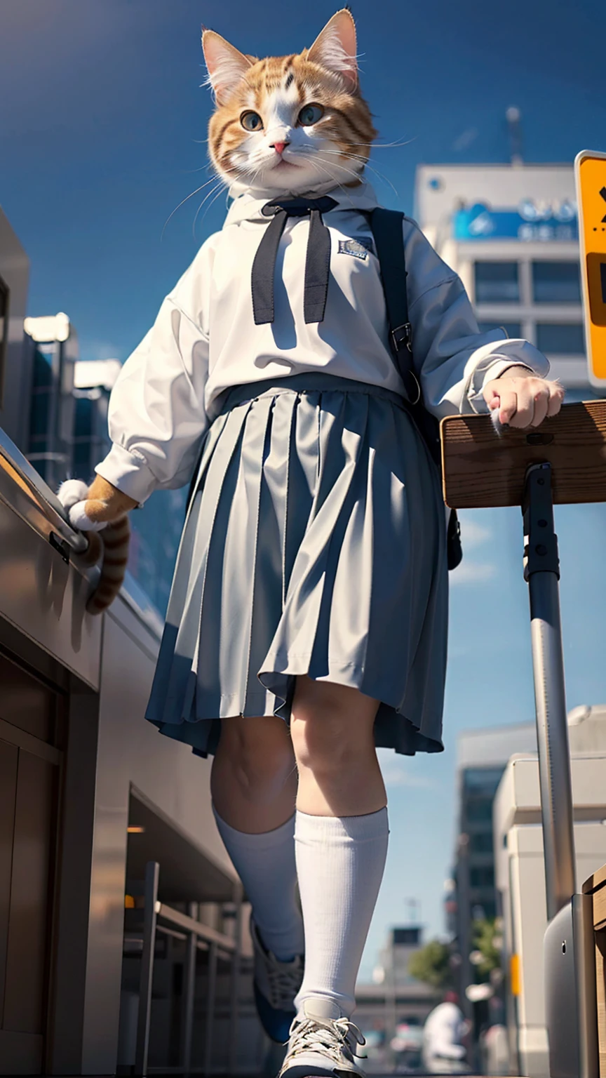 (Highest quality, masterpiece:1.2),pressure, Giant, Building Sheet, 1 High school girl, Main cat, Depth of written boundary, High resolution, 超High resolution, 8K, Very detailed, Realistic, Sun light, blue sky, Pleated skirt
