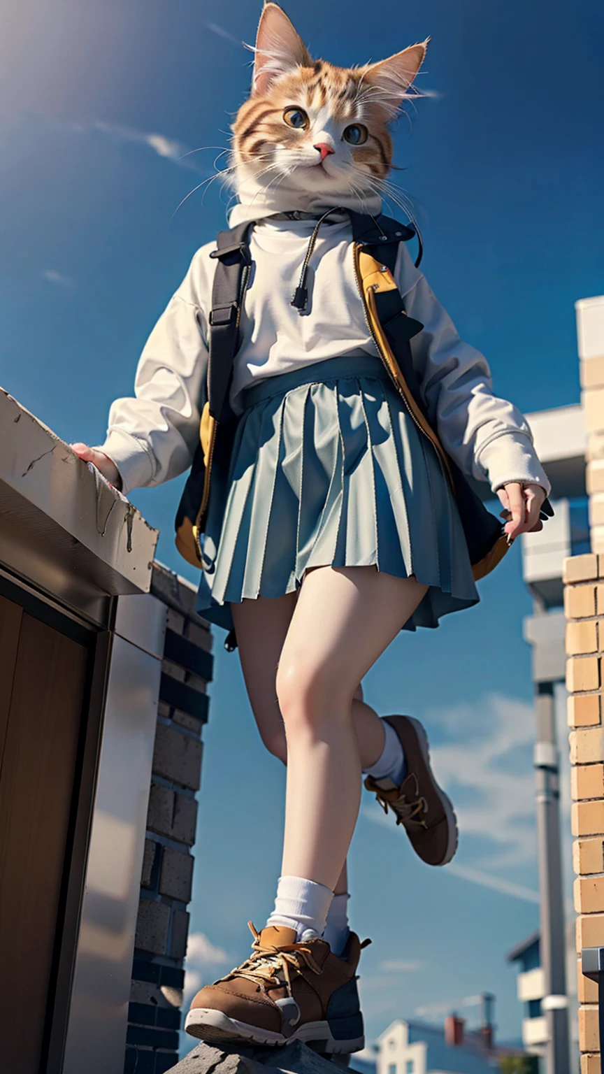 (Highest quality, masterpiece:1.2),pressure, Giant, Building Sheet, 1 High school girl, Main cat, Depth of written boundary, High resolution, 超High resolution, 8K, Very detailed, Realistic, Sun light, blue sky, Pleated skirt
