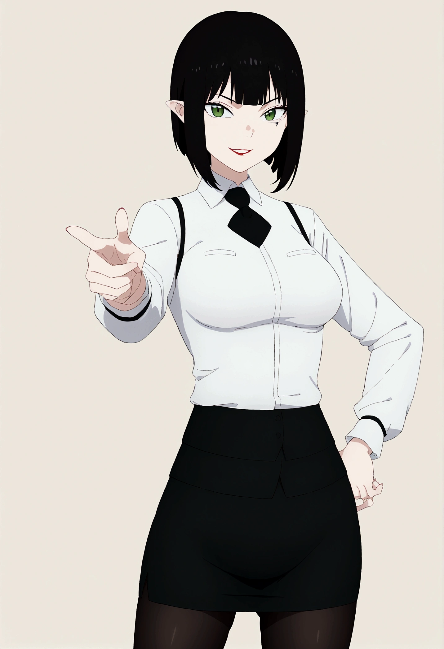 work of art, best qualityer,  ALL MIND, 1 girl, Bblack hair, 耳环, greeneyes, business suit, pencil skirt, pantyhose, high-heels, presumptuous, mischievous grin, gazing at viewer, cowboy shot, simple background, pointing to the viewer, hand on hip, from low,  