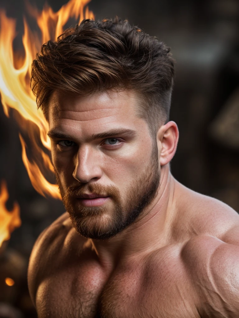 realistic, ((masterpiece)), ((best quality)), (detailed), cinematic, dynamic lighting, soft shadow, detailed background, professional photography, depth of field, intricate, detailed face, subsurface scattering, realistic hair, realistic eyes, muscular, manly, photo of a handsome man, pyromancer,