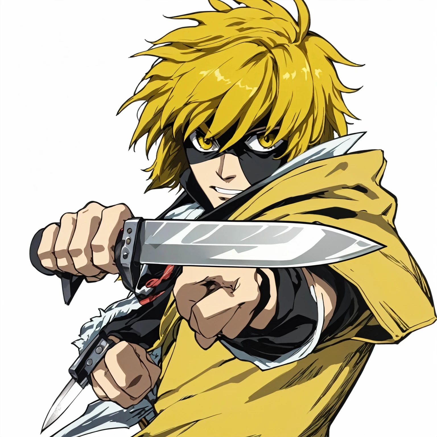anime character with yellow hair holding a knife in his hand, kentaro miura manga art style, portrait of ninja slayer, key anime art, high quality colored sketch, striking manga artstyle, badass pose, best anime character design, advanced digital anime art ”, ichigo kurosaki, dio brando, genos, shigenori soejima illustration, trigger anime artstyle, thorfinn