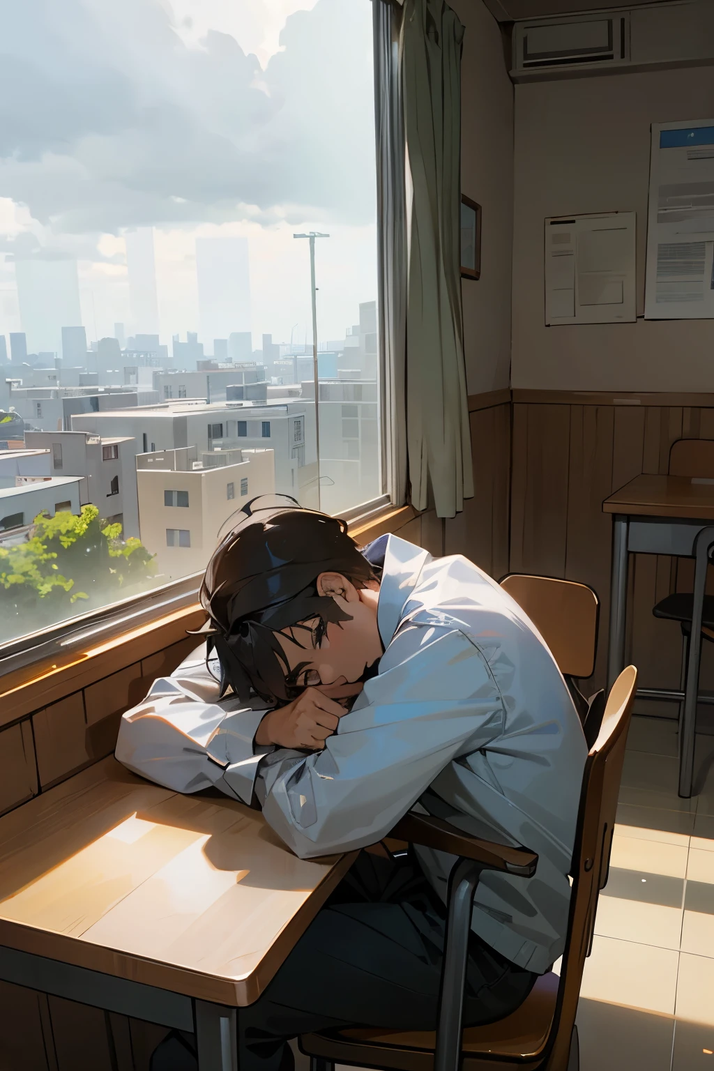 that guy sitting at the table in their class, while the guy stares outside the window,the weather became cloudy as that guy was sad