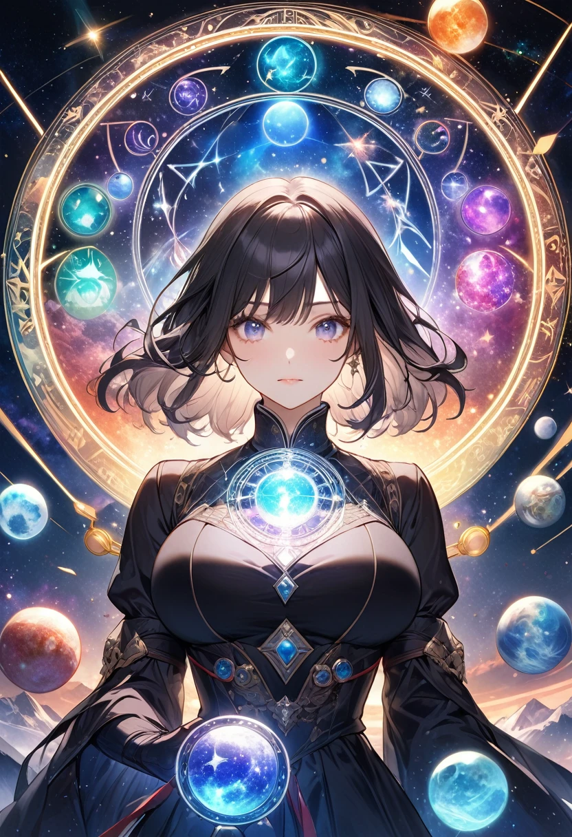 最Highest quality, Highest quality, 16K, Unbelievably absurd, Very detailed, 2.5D, delicate and dynamic, , formal, universe, Night Sky, Crescent Moon, constellation, Gorgeous nebula, meteor, lake, lake面に月が映る, Tarot Cards, Giant magic circle, A complex magic circle, Colorful magic circle, A colorful celestial globe, Small face, Very delicate facial expressions, Delicate eye depiction, Upper body close-up, erotic, One sexy woman, Healthy body shape, 25-year-old woman, Cool woman, Height: 170cm, huge bouncing busts, astrologer, Horoscope, Tarot Cards, Calm expression, A complex magician&#39;s outfit, Magician&#39;s outfit in chic colors, garter belt, Fishnet tights, Magician&#39;s Shoes, Fortune telling, Declare, Tarot Cardsを配る, Tarot Cardsをばらまく
