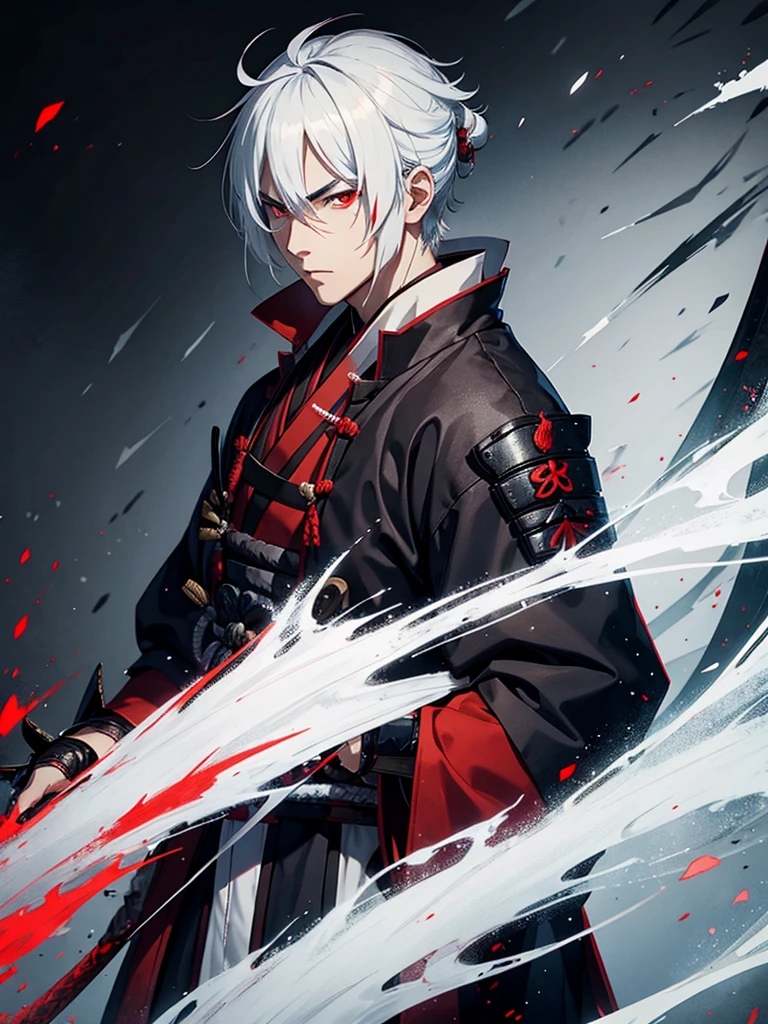 A male samurai with white hair and red eyes