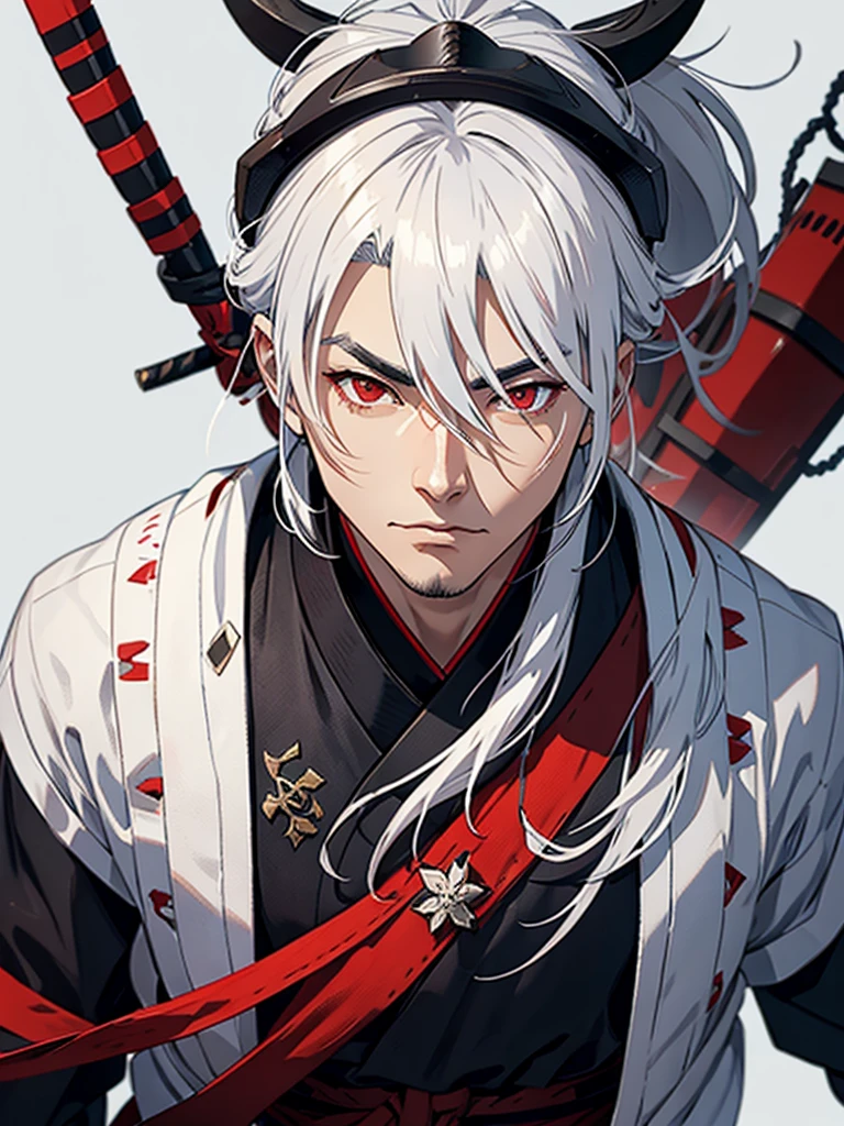 A male samurai with white hair and red eyes