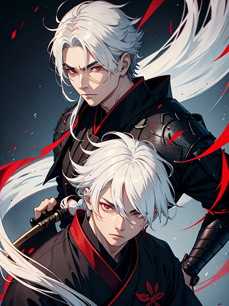 A male samurai with white hair and red eyes