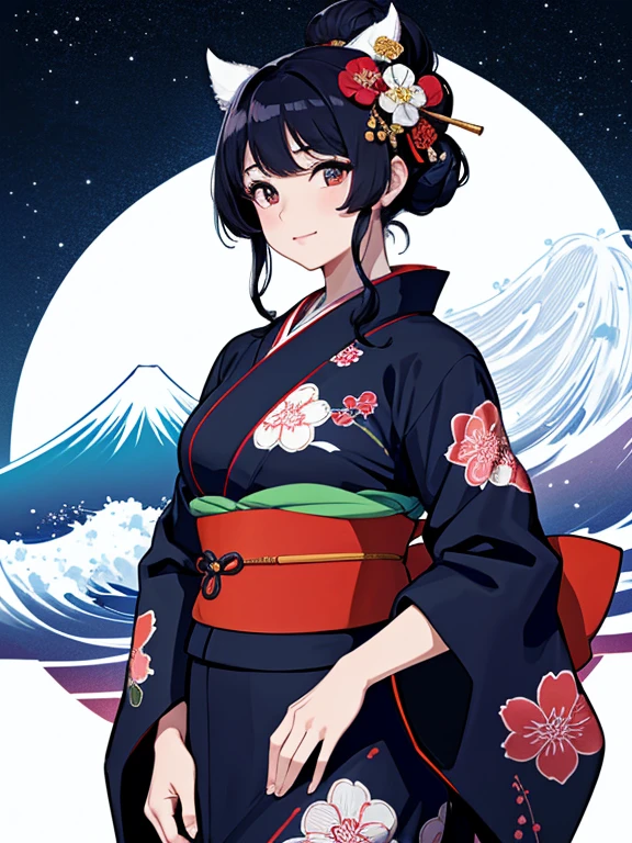 (Highest quality、masterpiece、High resolution、8K)、Ukiyo-e、Vibrant colors、Katsushika Hokusai、1 female、Black hair Japanese topknot、whole body、The kimono has a vivid floral pattern on a white background.、Official Art、背景はUkiyo-e風、White waves and Mt. Fuji、Flowers and Moon、White waves and the moon