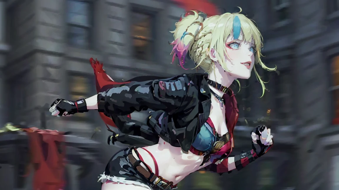 masterpiece, Best quality, A high resolution, 1 girl, hair braided in two short ponytails, very detailed eyes, Fine detail, Correct anatomy 1.1., Harley Quinn from Suicide Squad, open jacket with short sleeves shorts studded belt mesh belt chain gloves bracelet hand on hip, smile, woman, adult girl, real photos、smile, tmasterpiece, (pink kimono), seductive face, Ideal girl, perfect details, Ultra HD |, 8 k, professional photo, anime style,