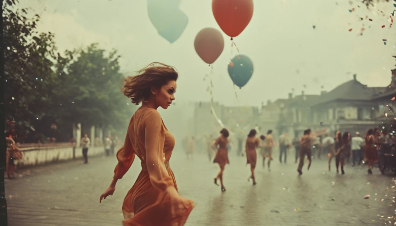35mm vintage street photo of a cute beautiful lady jumping high, big breast, bouncing breast, front view, skies a lot of colourful balloon, bokeh, professional