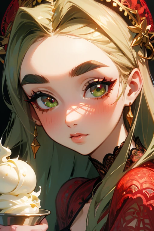 (Highest quality, masterpiece:1.2), High resolution, Very detailed, Realistic:1.37, Fantasy, An illustration, Green Eyes、Queen, ((Red lace swimsuit)).Platinum decoration、beautifully、Eyeshadow Red、Thick eyebrows、Long eyelashes、pupils are black、Her hair is dark green、Gold crown、Kissing Face、Embarrassing、Beloved by the crowd、Hair is green、Braiding、hair ornaments、((Eat a cup of vanilla ice cream)).