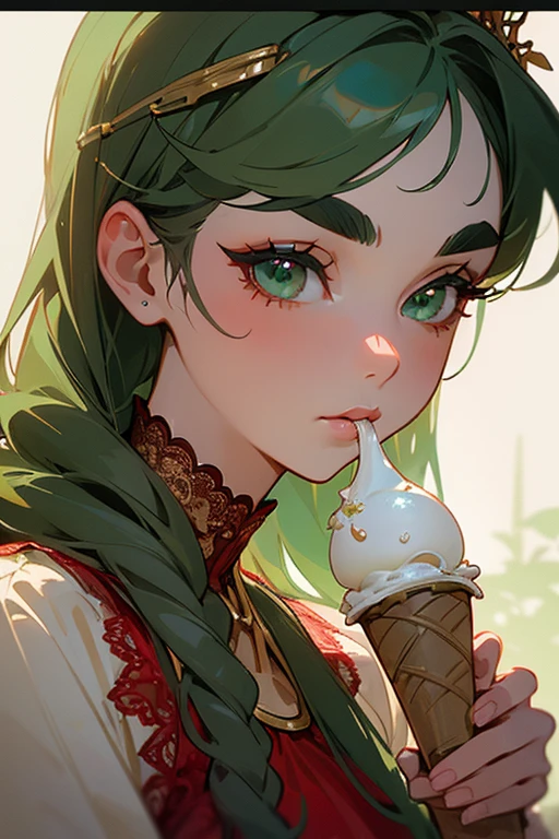 (Highest quality, masterpiece:1.2), High resolution, Very detailed, Realistic:1.37, Fantasy, An illustration, Green Eyes、Queen, ((Red lace swimsuit)).Platinum decoration、beautifully、Eyeshadow Red、Thick eyebrows、Long eyelashes、pupils are black、Her hair is dark green、Gold crown、Kissing Face、Embarrassing、Beloved by the crowd、Hair is green、Braiding、hair ornaments、((Eat a cup of vanilla ice cream)).