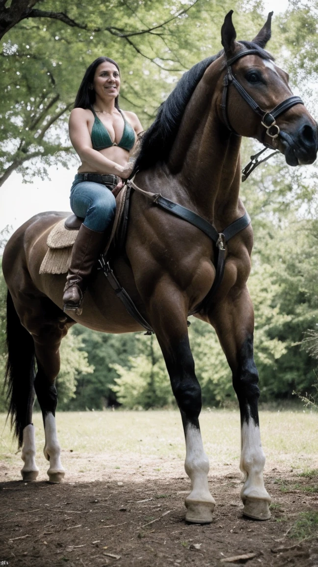 Highest quality, rear angle, low level shot, photo of a Solo milf, cowgirl at western, hot fleshy top-rated cougar, leather bikini top, (g-strings thong with cowboy belt), cowboy boots, fullbody pose, outdoors, in scenic high-fantasy country side woodlands, athletic body, big butt, (detailed skin), intricately detailed, overcast weather, dappled lighting, crepuscular rays, shadow casting, film grain, volumetric fog, photographed on a Canon EOS R3, 105mm F/2.8 VR Macro Lens, HDR, 8k, (sharp focus), cinematic film still from lord of the rings, BREAK, surrounded by green forest view vibe while riding a stallion-horse with impressive huge horse cock),BREAK, (masterpiece),(best quality),(masutaa piisu), BREAK, (riding on top a horse, the horse is displaying its huge horse-penis), must generate horse cock on the stallion-horse, riding on a horse, NSFW quality,