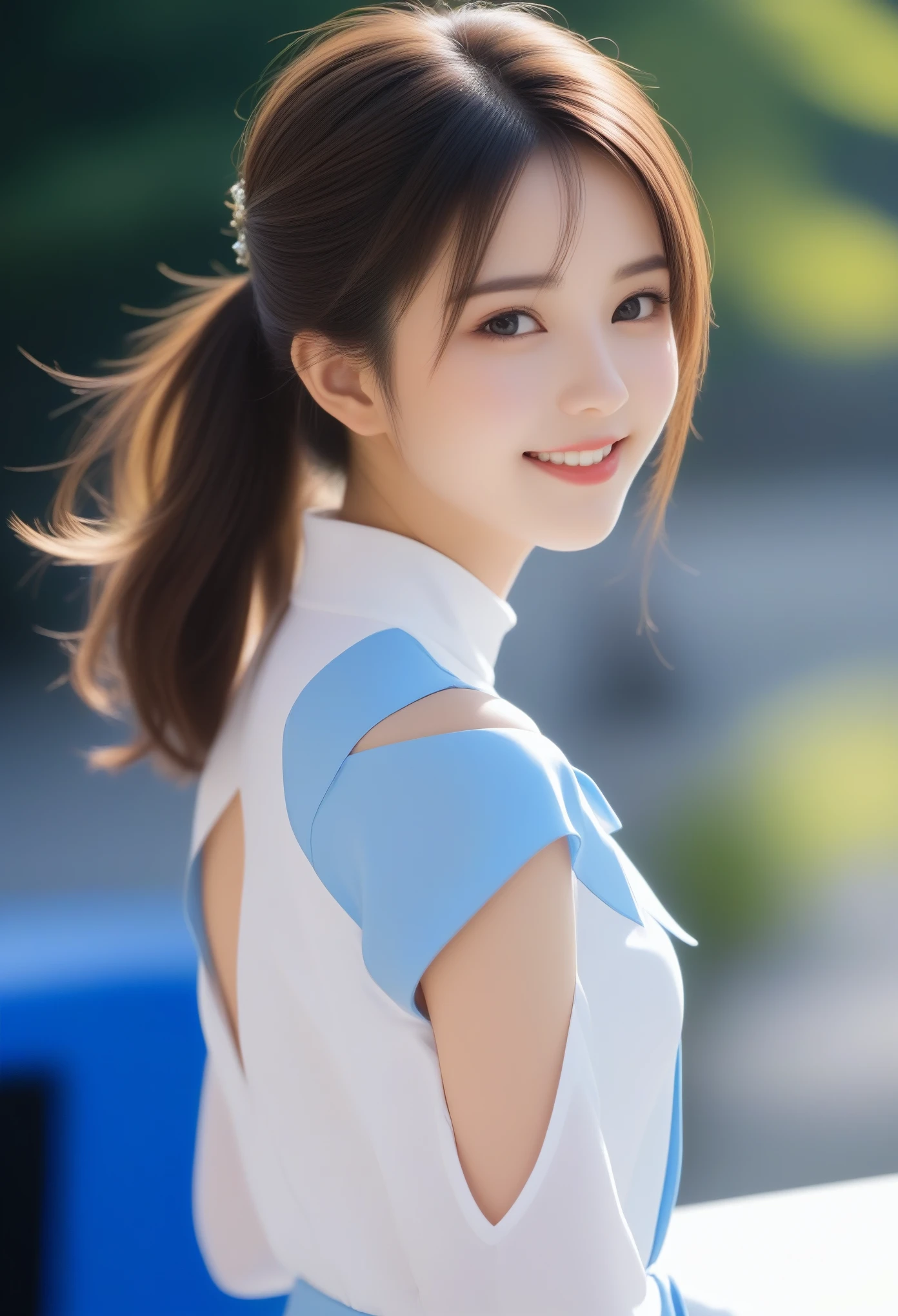 8K, Ultra-high resolution, Highest quality, masterpiece, 三分割法によるphotograph,Surreal, photograph, 1 Girl, (16 years old:1.3), pretty girl, Cute face, Beautiful eyes in every detail, 細かくdetailedに,masterpiece,, One Girl:1.2, Japan Female Announcer,  Virginia Otis 15 year old girl、美しい cyborg mixed maid female, Mecha Cyborg Girl,Mecha Body Girl,blue sky, Confetti, Racing Car, flag, Small face, Very delicate facial expressions, Delicate eye depiction, Very fine hair, Upper body close-up, erotic, The only sexy Japanese woman, Healthy body shape, 16 years oldの女性, Race Queen,  Large, firm, swaying bust, Sexy long legs, Glowing Skin, Soft Skin, 派手なRace Queenのコスチューム, Blue tight skirt, White Leather Long Boots, Formula 1, Auto Racing Track,Beautiful leg line beauty,Captivating thighs,Full of sex appeal,Sensual,A carefree smile,Heal the heart,Short ponytail、beauty,Long neck、Laugh a little、Please close your mouth and laugh、(((Ideal body type))),A cup small breasts :2,、Portraiture:2、Perfect Anatomy、鮮明なdetailed、detailed、Surreal、Light and shadow,Strong light