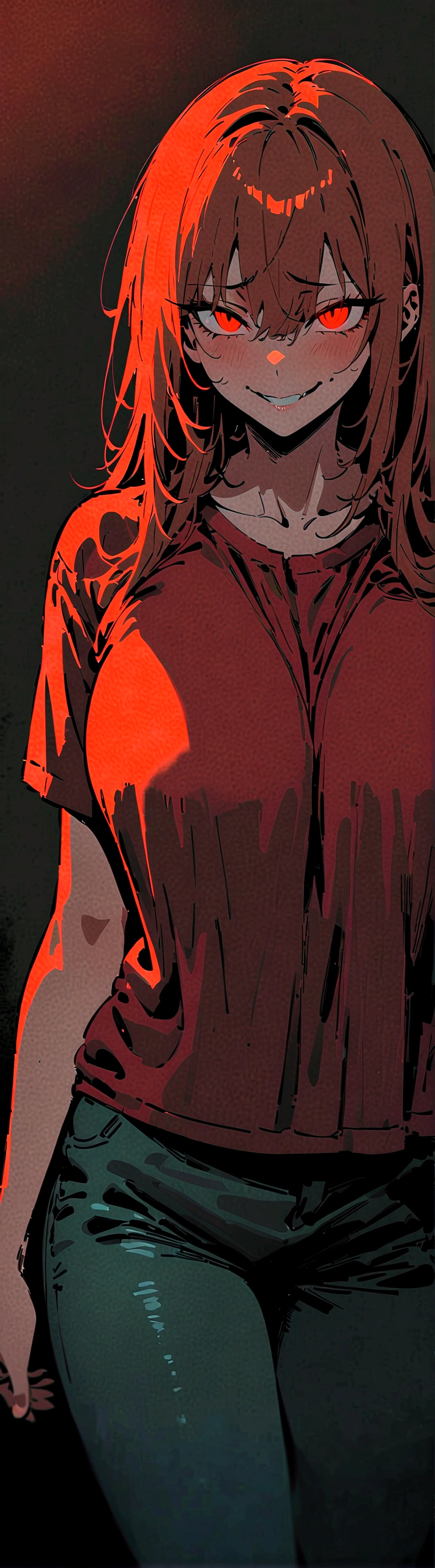 (Masterpiece:1.2, Best Quality), 1 woman, whole body, T-shirt, Casual, big breasts,by the wide vrojo, minimal makeup,pale,Natural fabrics, closeup face, evil smile, bright red eyes circular pupils,8K high resolution, detailed lines, ((whole body))
