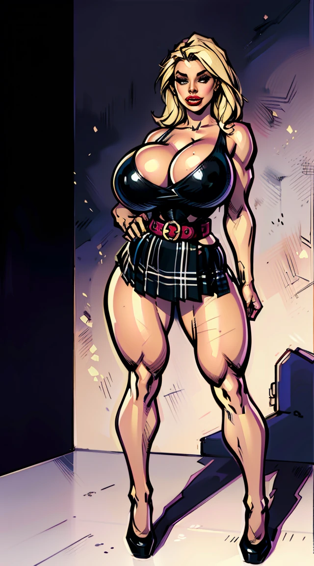Not Frank Cho style, whole body, 20 harder – Cany Barbi, Sexy busty bimbo, seducer, Red lips, stylish blonde hair, shining skin, make up , ((black latex top, plaid hip skirt, firm skin)), ((perfect smooth skin, huge fake breasts:3.2 tight neckline:2, Waist slender, toned legs)), (photoshotrealisitic, photoshot, work of art, realisitic, Reality, photoshotReality, hight contrast, realisitic skin texture, best qualityer, ultra high resolution, pose sexy, huge