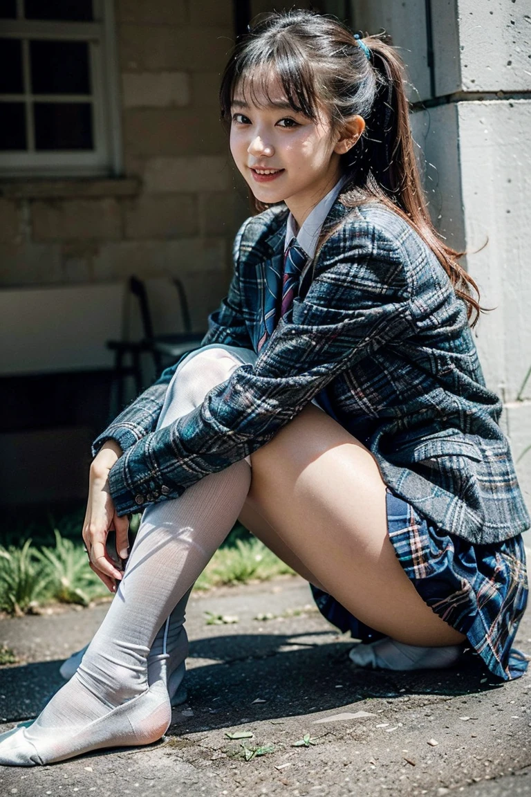 (8K), (highest quality: 1.2), (realistic), (realistic: 1.37), ultra high resolution, (1 girl、17 years old), cute, smile, closed mouth, beautiful details, beautiful nose, wet hair, giant dulcefo, pork, thighs，Self snap,High school Student Uniform,(A simple navy blue blazer),pleated skirt,(The skirt and tie are gray tartan check pattern....:1.3),(sitting:1), sit on the ground,(hug your feet:1),white pantyhose,from the front,knees、loafers、Low - Angle、From the front view、Checkered Pleated Skirt、Ponytail 1.2、Knee-high socks、barefoot、((Between the legs、Panties that fit the female genitals、White panties、膝を上げて、お尻を床に付けて座る))