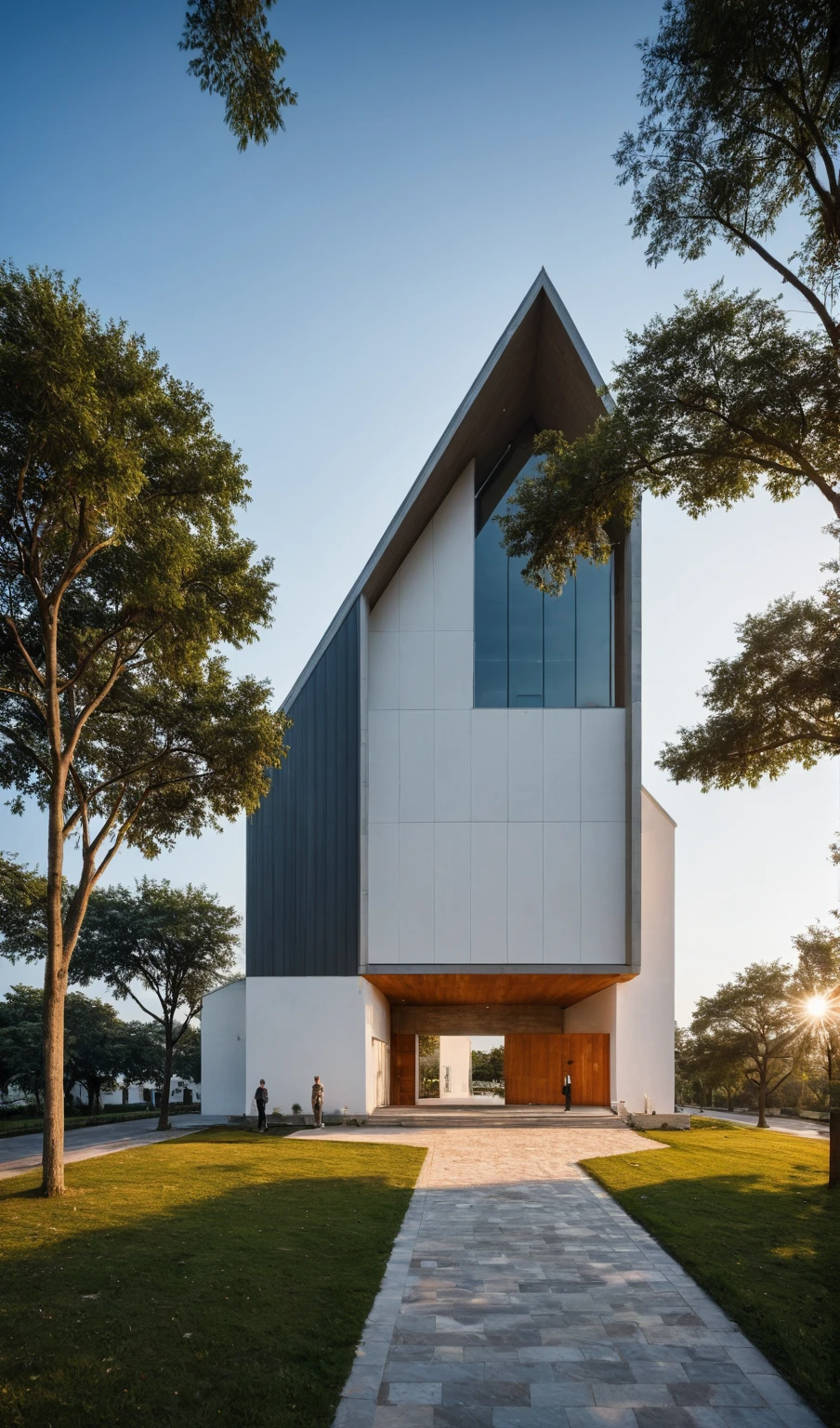 raw photo, best quality, ultra realistic, masterpiece, best quality skin, photography hd, dslr,
tcs, httlvn, modern church, road, people, house, facade design, outdoors, church, white walls, 
Dusk, sunshine, 
View from a tree, dof view, 