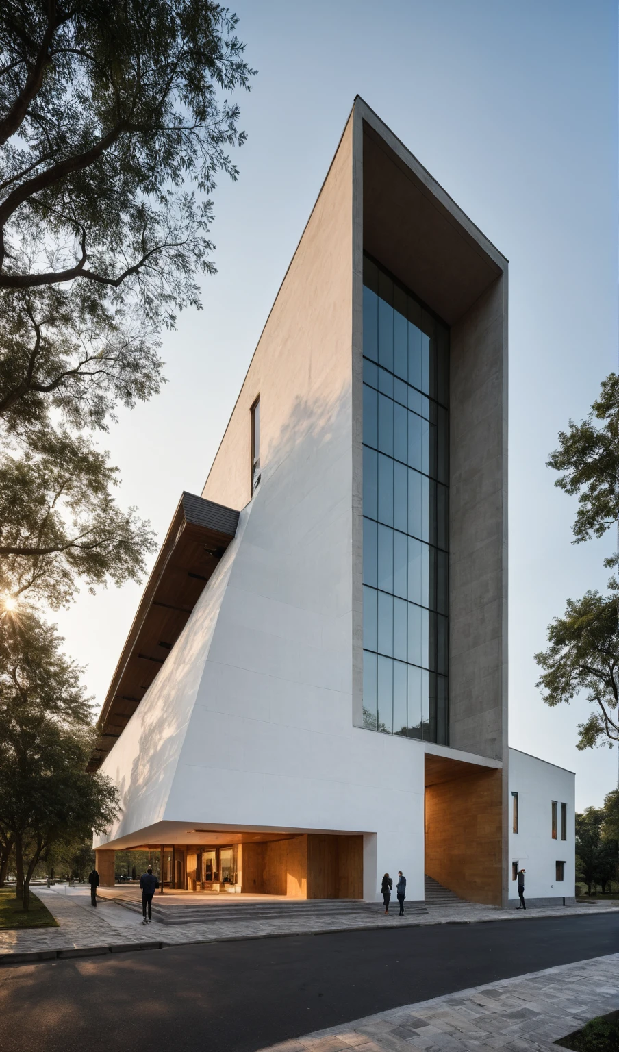 raw photo, best quality, ultra realistic, masterpiece, best quality skin, photography hd, dslr,
tcs, httlvn, modern church, road, people, house, facade design, outdoors, church, white walls, 
Dusk, sunshine, 
View from a tree, dof view, 