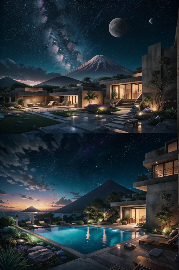 anime (best-quality:0.8), (best-quality:0.8), perfect anime illustration, we've been trying to reach you about your cars extended warranty, An illustration in collage style, with giant boulders, brutalist building sections, terraces, stairs, cacti, agave, concrete texture, multiple geometric shapes, hatch and cross hatching, planet saturn, volcano, moon, Luis Barragán's architectural style build, milky way galaxy, violet, one motorcycle, An illustration in collage style, with giant boulders, brutalist building sections, stairs, cacti, agave, concrete texture, multiple geometric shapes, hatch and cross hatching, planet saturn, volcano, moon, Luis Barragán's architectural style build, reflective pool, terraces. An elegant and modern build, in top of big boulders, with terraces, materials concrete, wood, steel and crystal, various gardens with tropical vegetation, cacti and rocks, stairs, a pool. In middle of sea, a big wave near, sunset, mountains and a volcano in the horizont, cute islands around, illustration format, cute color palette, detailed, masterpiece, award-winning work A 1999 Nissan GTR in Tron form r34 horizonte Lamborghini under a pink and purple sky, an anime drawing by Makoto Shinkai, trending on pixiv, magical realism, beautiful anime scene, cosmic skies. by makoto shinkai, ( ( makoto shinkai ) ), by makoto shinkai, anime background art, style of makoto shinkai