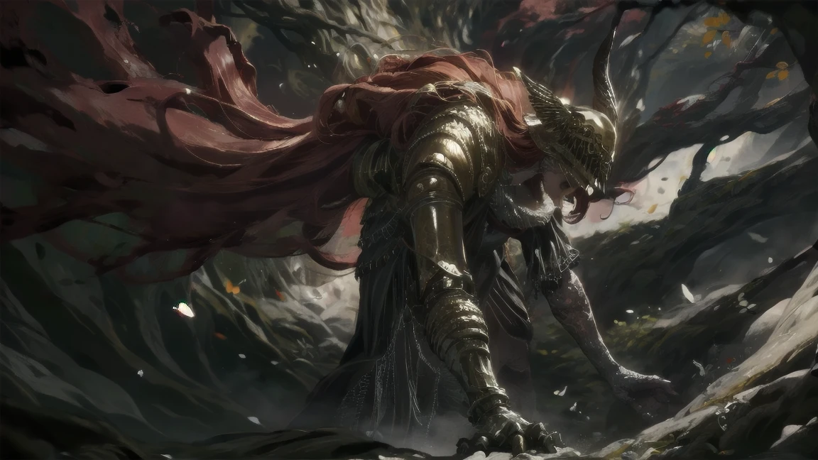 1 girl, ultra sharp image, Portrait of a girl, Gothic style, fantasy, beautiful figure, beautiful, full length (full body 1.1.), big tree in the background, slender legs, buttocks, slender legs, Wasp waist, sexy, fighting pose, fighting stance, only,helmet,light-skinned Женский, One, long curved sword in hand