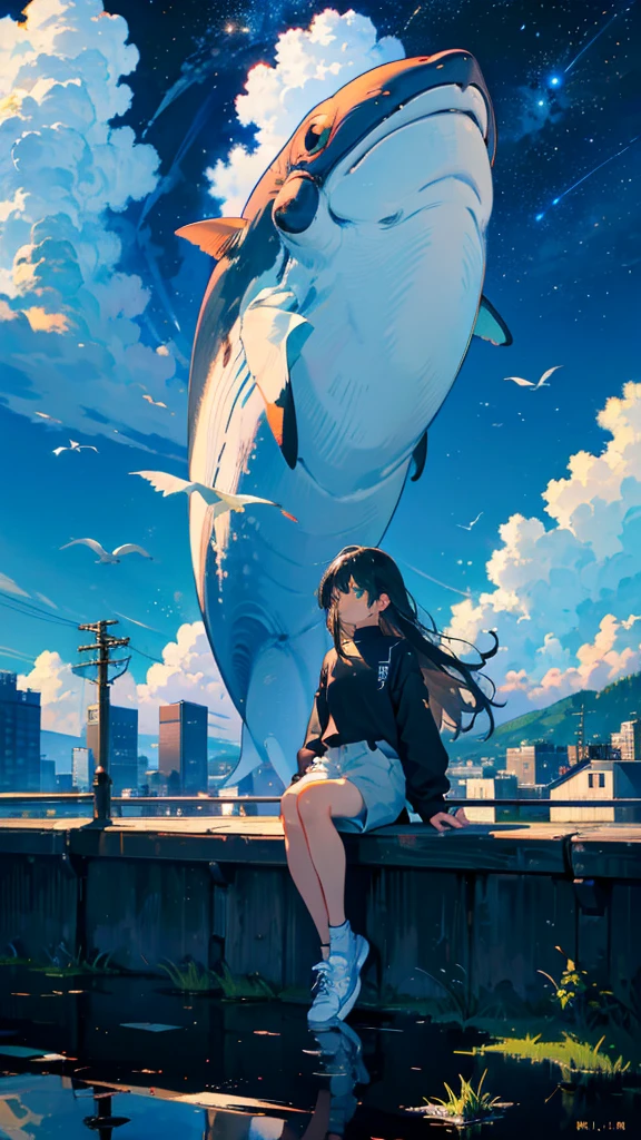 masterpiece, Exquisite detail,Highest quality, One girl, alone, handrail, cloud, Looking up at the buildings,Long Hair, NULL, Long sleeve, Power lines, White footwear, Black Hair, View your viewers, Electric pole, bangs, cloudy NULL, fish, bird, Green Eyes, Shorts, Day, Black Shirt, barefoot,Whale flying in the sky,Giant whale,night,Star,milky way,night,Pitch black,Buildings,Sitting,bright,noon,sun,Shine,Fuji Mountain