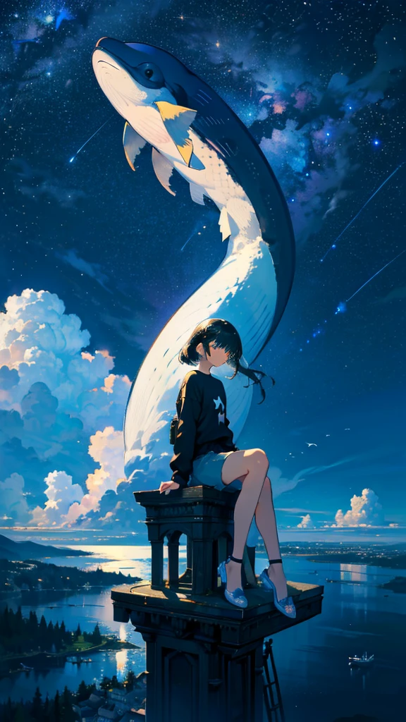 masterpiece, Exquisite detail,Highest quality, One girl, alone, handrail, cloud, Looking up at the buildings,Long Hair, NULL, Long sleeve, Power lines, White footwear, Black Hair, View your viewers, Electric pole, bangs, cloudy NULL, fish, bird, Green Eyes, Shorts, Day, Black Shirt, barefoot,Whale flying in the sky,Giant whale,night,Star,milky way,night,Pitch black,Buildings,Sitting,bright,noon,sun,Shine,Fuji Mountain