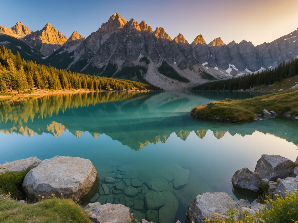 Lake deep in the mountains, twilight, golden glow, realistic, detailed, beautiful scenery, small pond