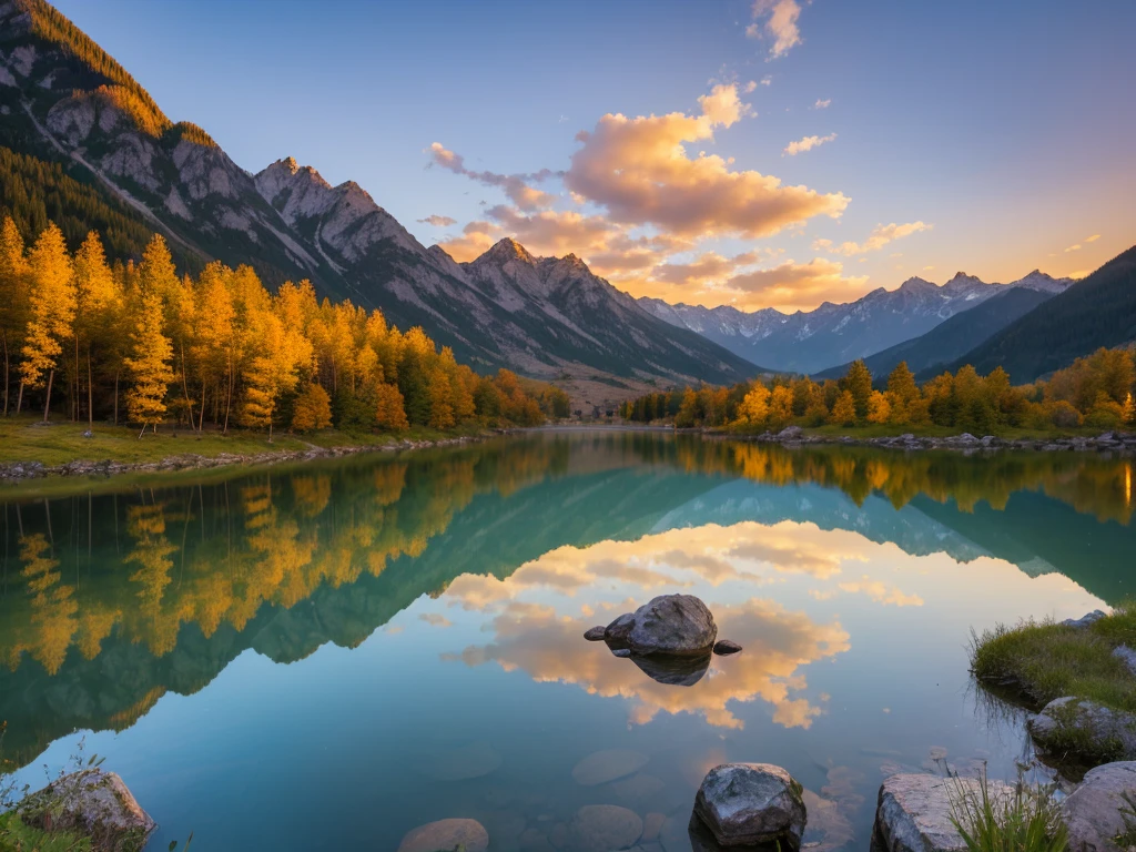 Lake deep in the mountains, twilight, golden glow, realistic, detailed, beautiful scenery, small pond