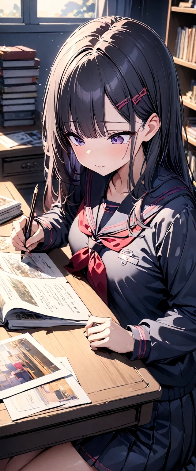 (Highest quality, 4K, 8K high resolution, masterpiece:1.2), Very detailed, One person, woman, (no々Girl studying), (ＪＫ, Sailor suit, Pleated skirt),photograph, pencil, paper、Book, teaching materials, concentrate, Tired eyes, Long Hair, Uninterested look, Library Background, a quiet room, Soft lighting, Bright colors, Detailed shading, 微妙なpencilのストローク, Ultra Miniature Painting, Professional, Bright colors, Dark Color Palette, Soft lighting.