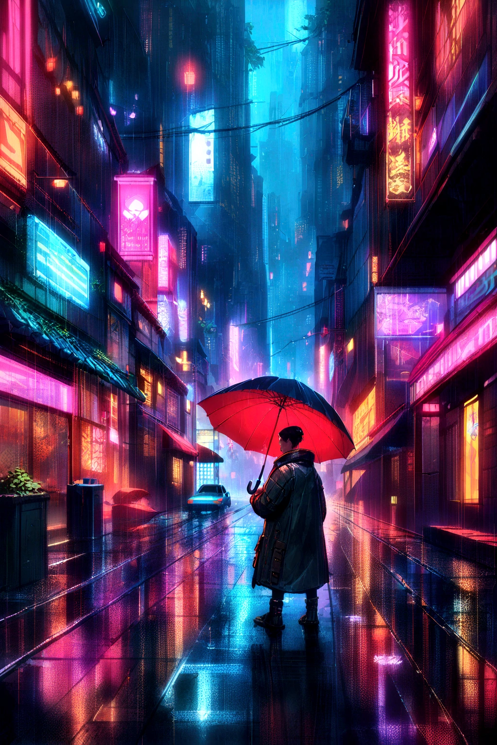 one person walking down a street with a umbrella in the rain, inspired by Liam Wong, china town blade runner, by Kilian Eng, ( ( ( ( ( dan mumford ) ) ) ) ), cyberpunk street, cyberpunk streets in japan, cyberpunk anime art, cyberpunk art style, cyberpunk alley, by Liam Wong, kowloon cyberpunk, cyberpunk themed art, cyberpunk aesthetics, (((behind shot)))
