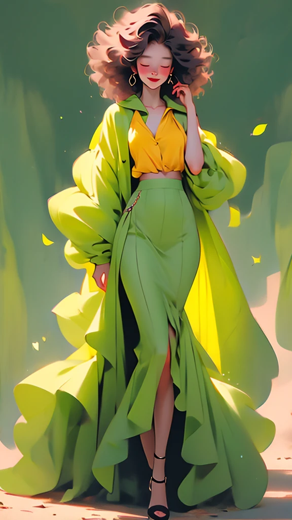 girl, burgundy short hair, ,closed eyes,slender body,small breasts,black hooded jacket,yellow green blouse,burgundy skirt,standing,facing viewer,contrapposto,full body, laughing