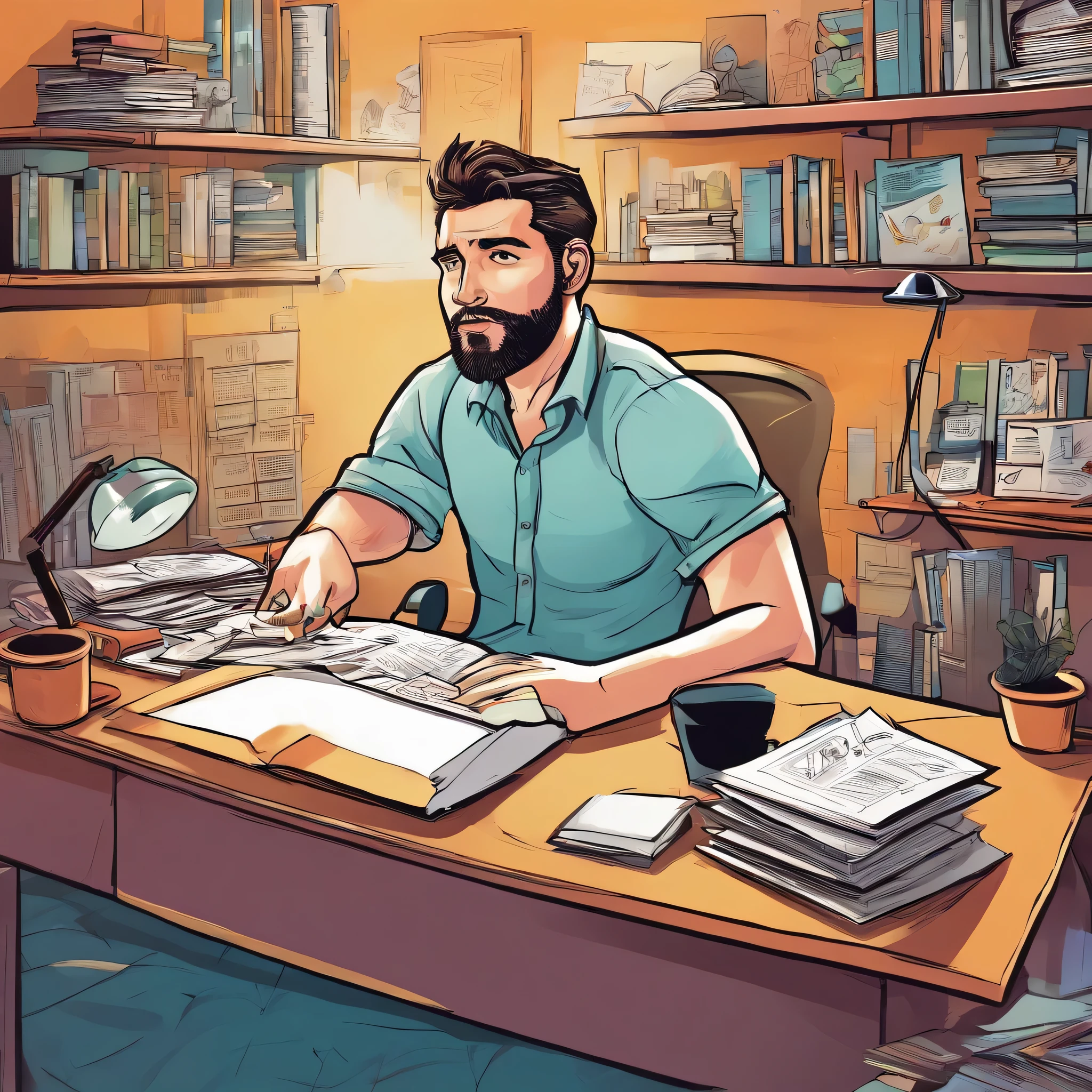 Create a close-up illustration that represents a man hunched over his desk in an environment with many distractions around, such as electronic devices, books and unfinished tasks, symbolizing procrastination. His expression should reflect a tired attitude

peça mestra, best quality