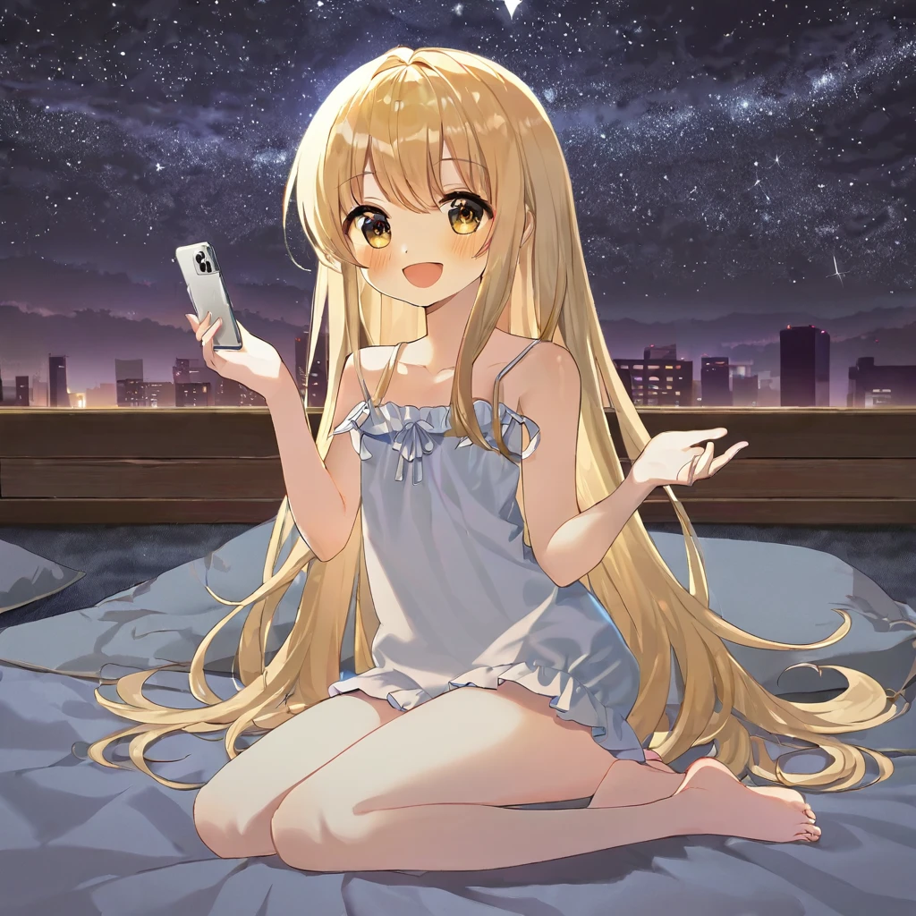 masterpiece、highest quality、Depth of object being written、((night))、((starry sky))、one beautiful girl、11 years old、long beautiful hair、blonde、cute、beautiful detailed eyes、((camisole dress))、warm color、((barefoot))、smartphone、((Very happy face))、open your mouth、full body shot、((girl's room))、((bed))、((sitting))、((defenseless))、thighs、kitten、dim room、Angle from below、((Lens flare))、the whole body was filled with light、cinematic lighting、full body lighting